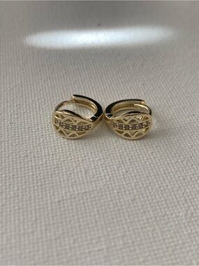 Gold Tone Huggie Hoop Earrings with Crystal Accents